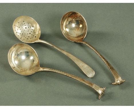A pair of Georgian silver Onslow pattern sauce ladles, Thomas Ellis/Evans, London 1770, and a Georgian silver sifter ladle, R