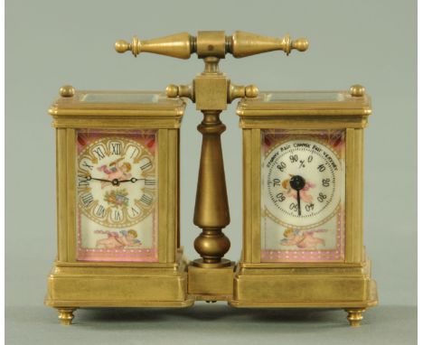 A miniature brass carriage clock and barometer desk set, late 19th century, with Paris porcelain dials and sides, supported b