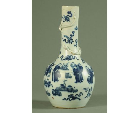 A Chinese blue and white vase, 18th century, the neck with applied Chilong amongst precious objects, the body decorated with 