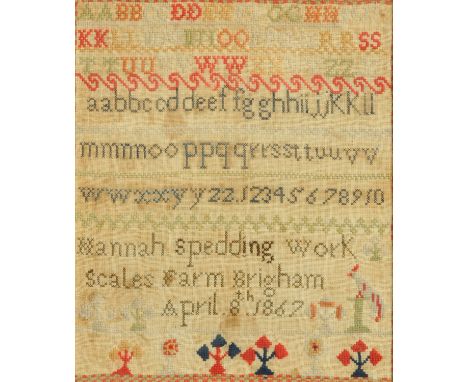 A Victorian alphabet sampler, Hannah Spedding, Scales Farm, Brigham, April 8th 1867.  30.5 cm x 25.5 cm. 