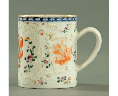 A rare Chinese porcelain named armorial tankard, the armorial inscribed "W.M. Whealston" and dated 1764 within a moulded scro