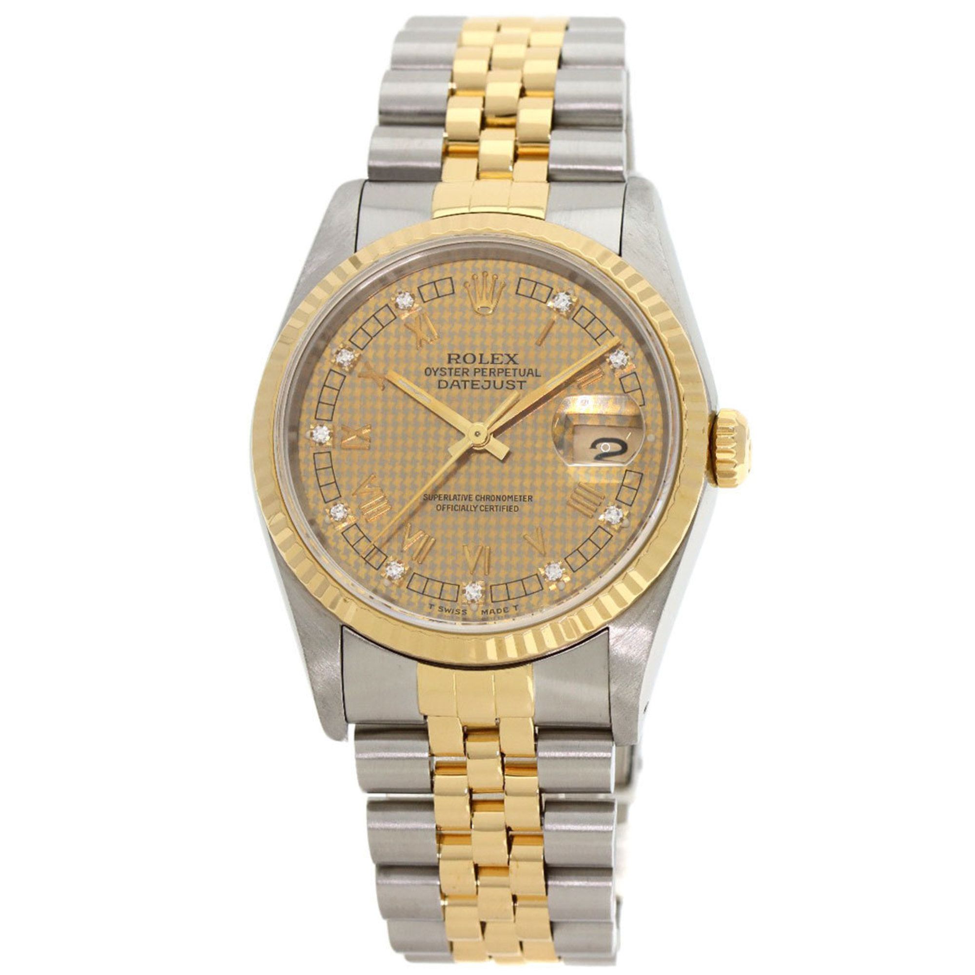 Rolex 16233G Datejust 10P Diamond Champagne Houndstooth Watch Stainless Steel SSxK18YG Men's ROLEX