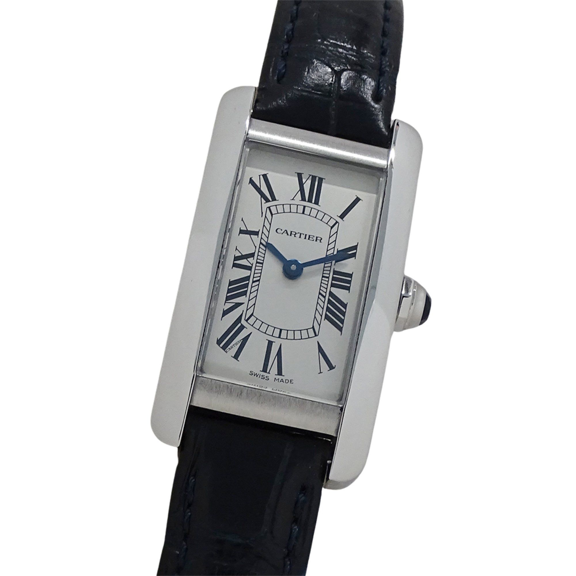 Cartier Tank Américaine SM Quartz Watch for Women, WSTA0016, Stainless Steel, Leather, Silver, Black