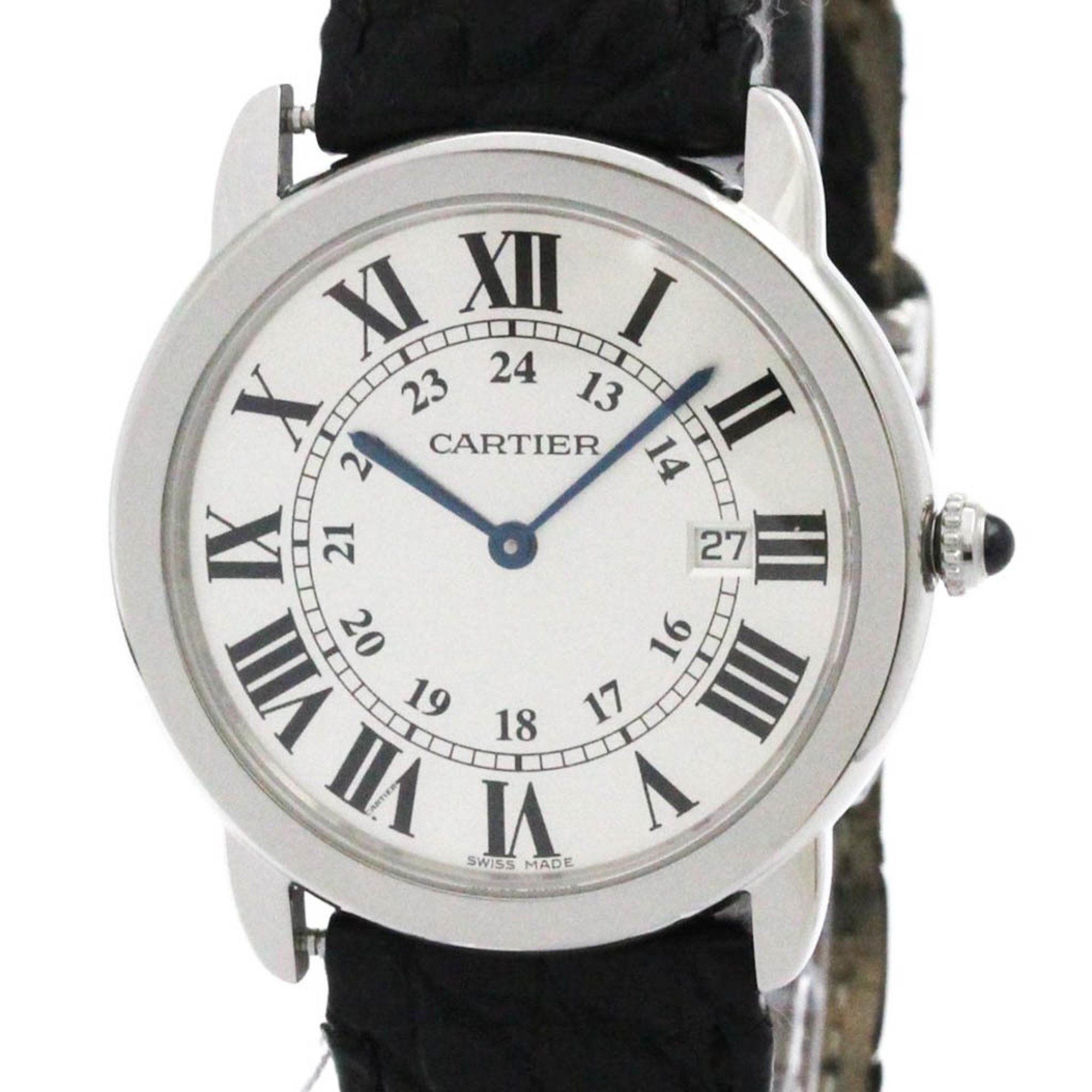 CARTIER Ronde Solo LM Steel Leather Quartz Mens Watch W6700255 Polished