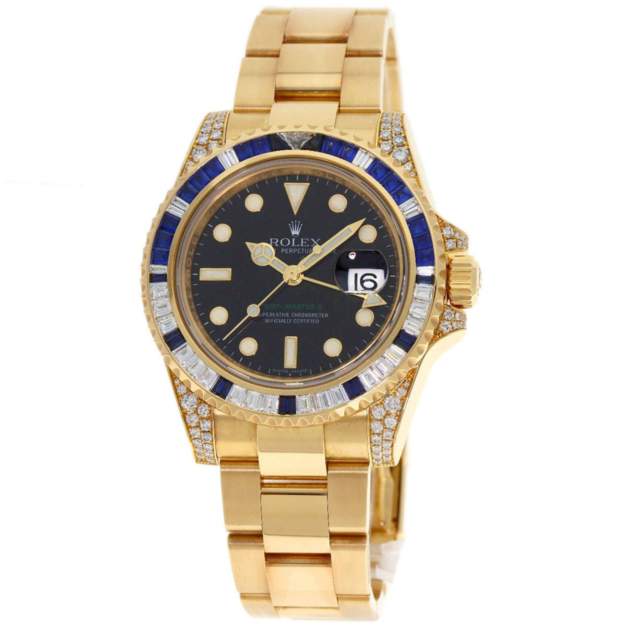 Rolex 116758SA GMT-Master II Baguette Diamond and Sapphire Watch in 18K Yellow Gold (18KYG) Men's