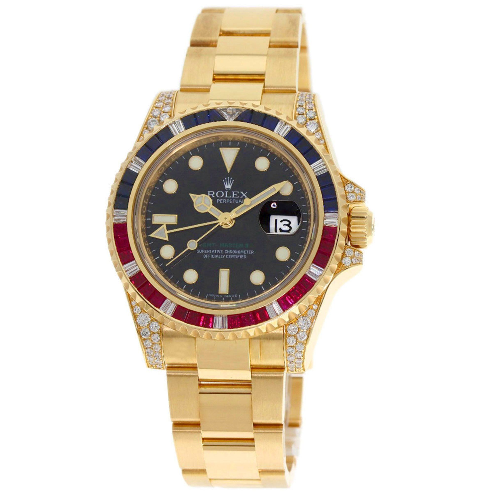 Rolex 116758SARU GMT-Master II Baguette Diamond, Ruby, and Sapphire Watch in 18K Yellow Gold (18KYG)