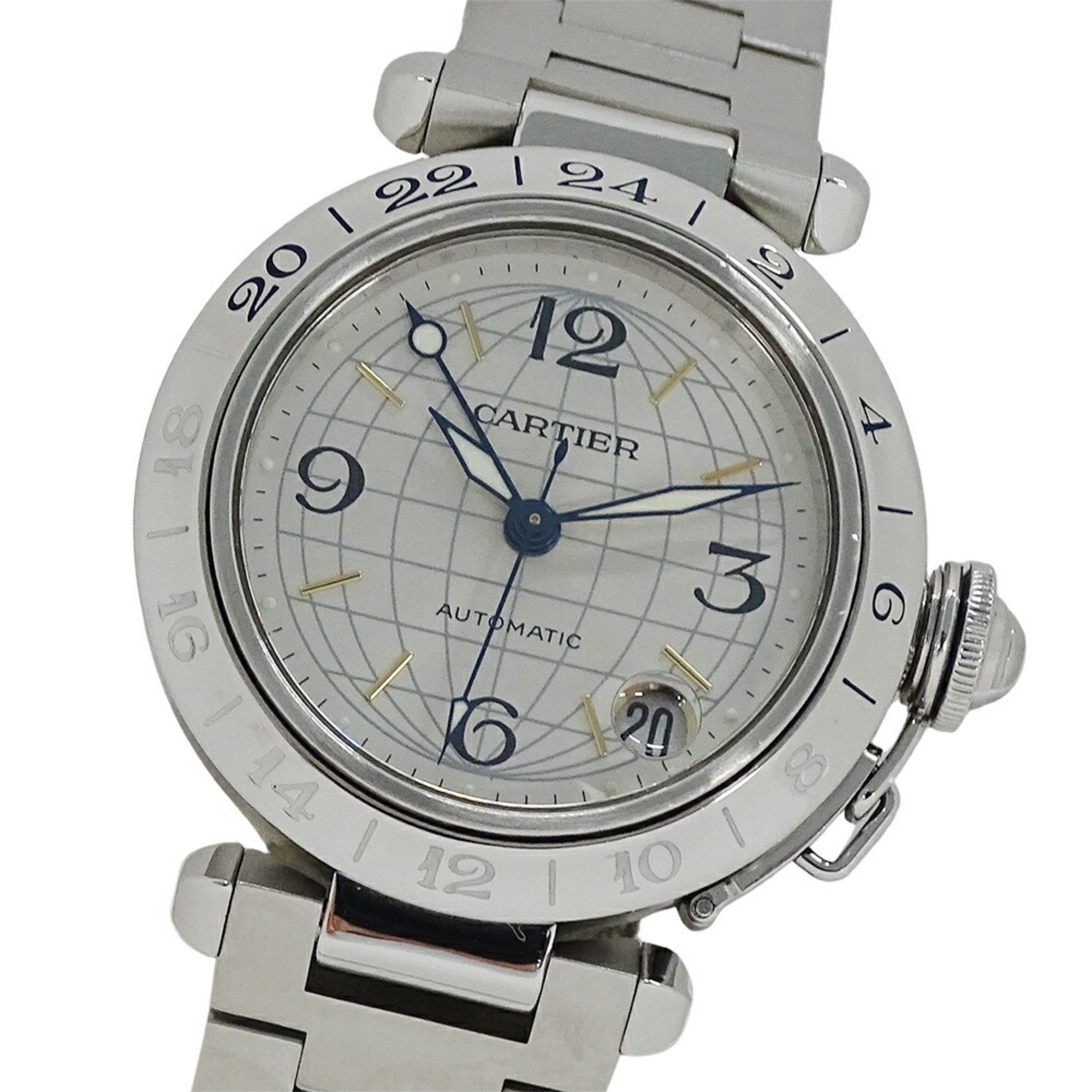 Cartier Pasha C Meridian GMT Date Automatic Watch for Boys, Stainless Steel, W31029M7, Silver, Round