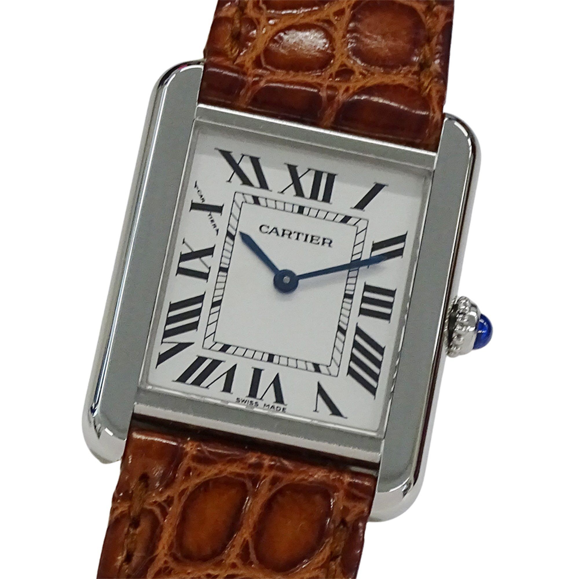 Cartier Tank Solo SM Quartz Watch for Women, W1018255, Stainless Steel, Leather, Silver, Brown, Squa