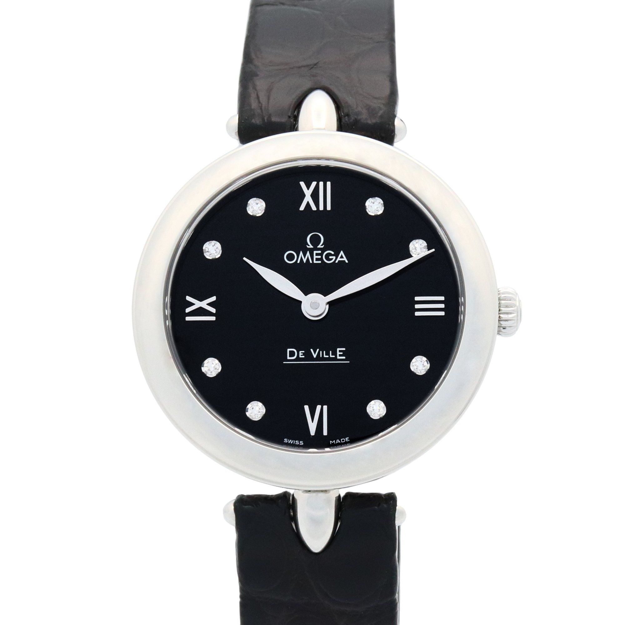 OMEGA De Ville Prestige Watch, Diamond, Stainless Steel, Leather, Women's, Black, 424.13.27.60.51.00