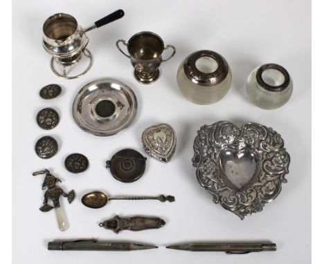 A good collection of silver collectables, to include a miniature silver brandy pan and burner stand by Hukin &amp; Heath Ltd,