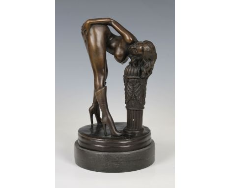 After Bruno Zach (Austria, 1891-1935), an erotic cast bronze sculpture of a female nude, raised on circular stepped base, sta