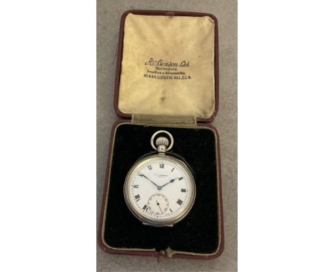 A silver open face top wind pocket watch, J W Benson Ltd, London, 1936, white enamel dial with black Roman numeral hour marke