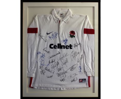 Sporting memorabilia - A framed and glazed XL 1997-1999 NIKE 'Cellnet' England Rugby jersey, signed by the squad, frame 85 x 