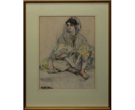 Emily Hilda Rix Nicholas (Australian, 1884-1961), Portrait of a young Moroccan woman, coloured chalk &amp; crayon, signed low