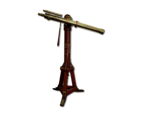 A refracting telescope by George Lowdon, Dundee (Scottish, 1825-1912) and tripod, 3 1/4 inch aperture, three-draw mounted in 
