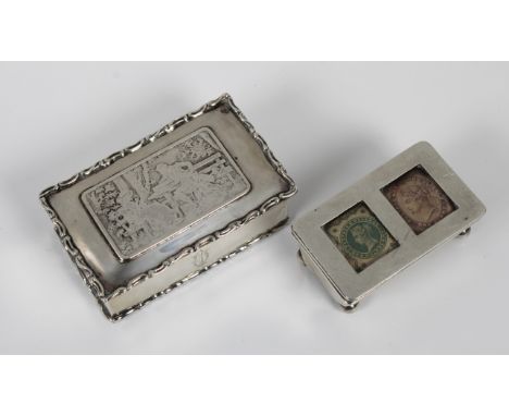 A silver double stamp case of trough form, William Harrison Walter, Birmingham, 1901, together with a table snuff box by Gold