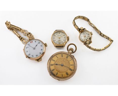 A collection of yellow metal watches, including an early 20th century ladies fob watch, 35mm case, chased and engraved with f
