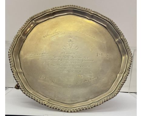 A military presentation card waiter / salver and cigarette box, Carrington &amp; Co, London, 1936, of typical shaped circular