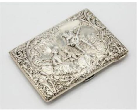 A Victorian embossed silver card case, Henry Matthews, Chester 1899, the front with rustic scene of two young ladies and a lu