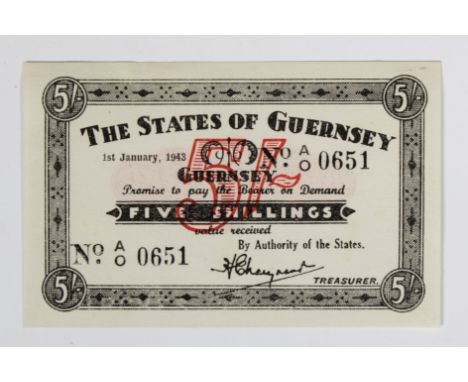 A States of Guernsey German Occupation Five Shillings banknote, dated 1st January 1943, Signatory H. E. Marquand, No. AO 0651