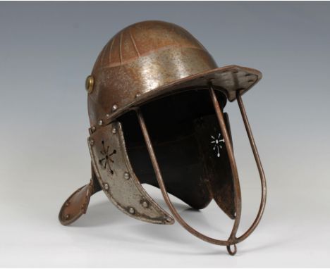 A Victorian Copy of an English Civil War Period Lobster Pot Helmet (Zischagge), the single piece skull with simulated four la