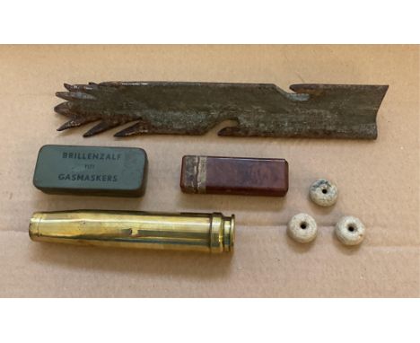 Military mixed group - To include a Dutch pre 1940 Gasmask Cleaning Kit tin, housing cloth; spent shell; grenade toggle beads