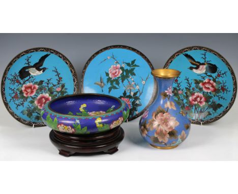 A collection of Chinese cloisonné, to include a large bowl, decorated with flowers, blue ground, four character seal mark ben
