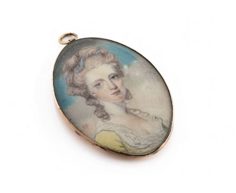 A 19th century portrait miniature depicting a lady, signed 'IS', in a yellow metal navette shaped pendant, 5.3cm long, probab