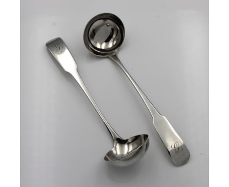 A pair of Scottish George III silver fiddle pattern sauce ladles or toddy lifters, William Marshall, Edinburgh, 1808, the ter