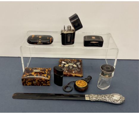 A good collection of antique tortoiseshell collectables, to include a etui with silver inlay, opening to reveal scent bottles