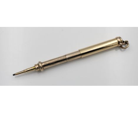 A propelling pencil - unmarked tested as gold, three section pull-out, engraved BENSON, LUDGATE HILL, bloodstone agate termin