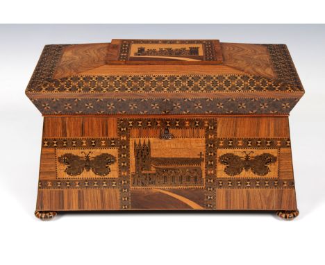 A very fine large Tunbridge Ware double tea caddy with a view of Eridge Castle to lid &amp; Holy Trinity Church Tunbridge Wel