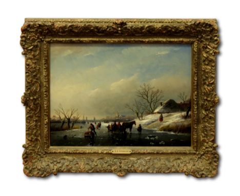 Jan Jacob Spohler (Dutch, 1811-1866), Winter landscape with ice skaters and horse drawn sledge, oil on panel, signed "JJ Spoh
