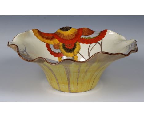 Clarice Cliff 1930's hand painted bowl ' Rhodanthe ' pattern, Bizarre range, having crimped rim and removable flower frog, 3.