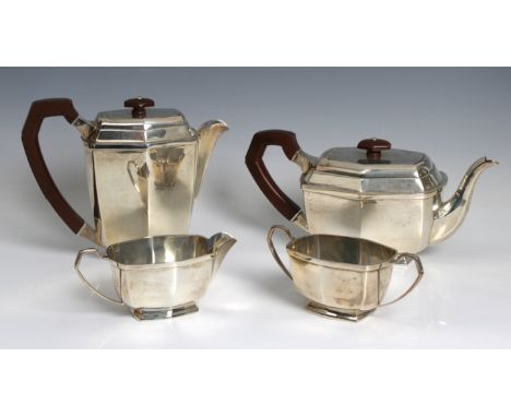 A George VI silver four piece tea service, Charles S Green &amp; Co Ltd, Birmingham, 1946/47, of elongated hexagonal panel fo