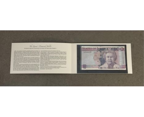 States of Jersey £100 Diamond Jubilee issue banknote, 2012, low serial number QE60 000446, Rowley signature, in carded sleeve