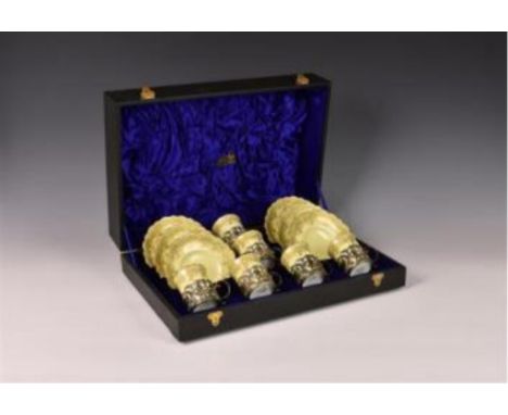 A cased Edwardian silver mounted Aynsley coffee set, the silver mounts by William Hutton &amp; Sons Ltd, London 1905, decorat