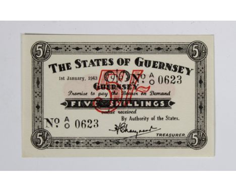 A States of Guernsey German Occupation Five Shillings banknote, dated 1st January 1943, Signatory H. E. Marquand, No. AO 0623