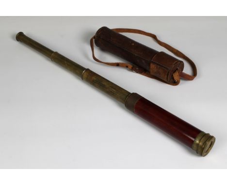 A leather cased three drawer wooden &amp; brass telescope.,