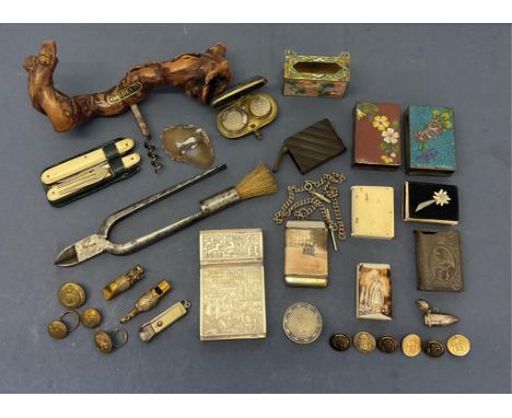 A good rummage tray of antique / vintage collectibles, To include a Victorian steel champagne pliers with brush tool; Gilbey’