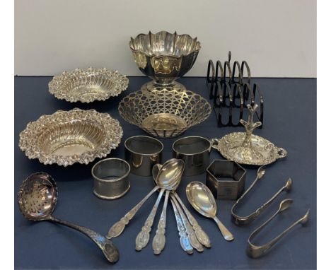 A small collection of silver collectables, to include a pair of circular embossed sweet meat dishes by Fenton Brothers Ltd, S