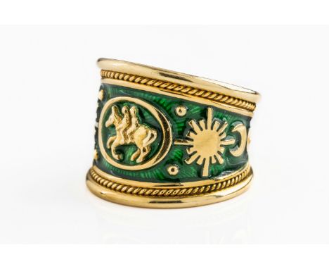 Elizabeth Gage - An 18ct yellow gold and green enamel Gemini zodiac tapered templar ring, wire twist wire edges, applied with