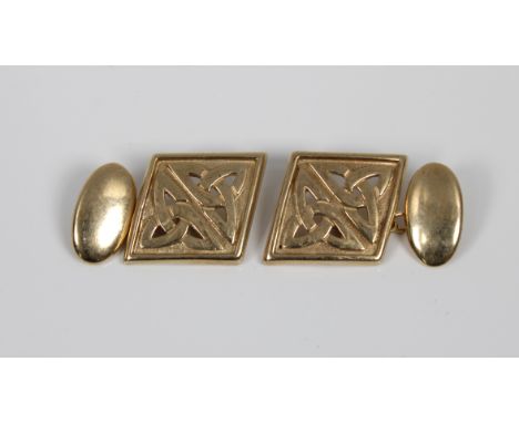 A pair of 9ct yellow gold cufflinks, of diamond shape with pierced Celtic knot design.