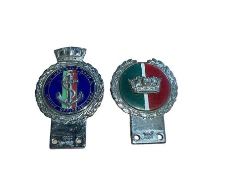 Vintage chromium and enamel Royal Navy Mural crown car grill badge by J.R. Gaunt London, together with a Merchant Navy Airlin