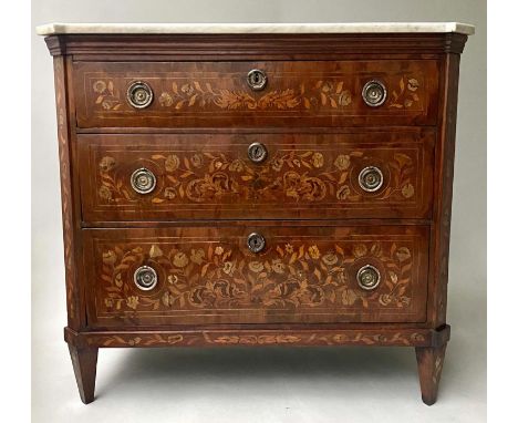 DUTCH COMMODE, 19th century mahogany and satinwood marquetry with three long drawers and original marble top, 100cm x 48cm x 