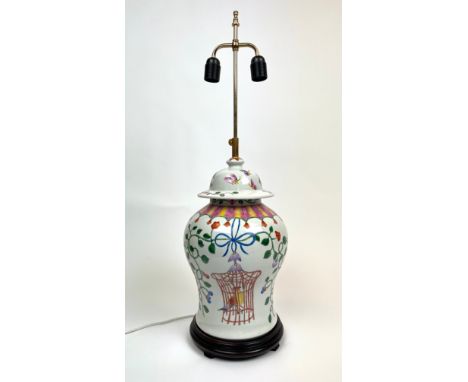 TEMPLE JAR LAMP, Chinese hand painted ceramic with telescopic bulb holder, 80cm H (adjustable) 