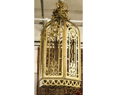 HALL LANTERN, 114cm H (excluding chain) x 47cm W, early 20th century French, gilded iron, with domed frosted glass. 