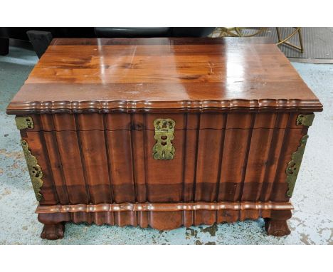 TRUNK, Ceylonese style, carved camphor wood with metal mounts, large cast handles, ball and claw feet, 198cm x 60cm x 63cm. 