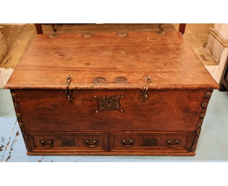 TRUNK, 45cm H x 93cm W x 58cm D, 17th/18th century Portuguese teak and iron bound, with hinged top and two drawers. 