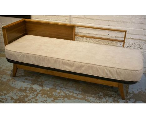 CHAISE LONGUE/DAYBED, 71cm H x 198cm L x 74cm D, mid 20th century sapele, beech and iron with velvet mattress seat. (3) 